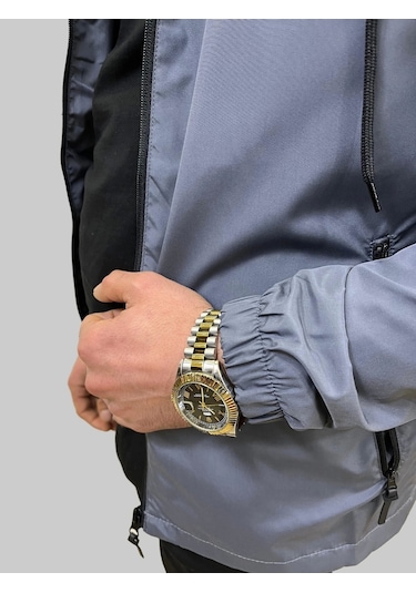 Erkek Kapüşonlu File Detaylı Füme Yağmurluk Füme