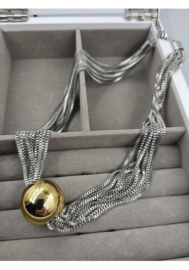 Çoklu Zincir Gümüş Altın Top Çelik Kolye Gümüş