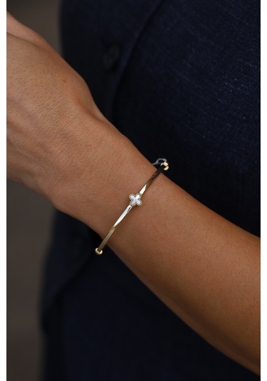 14 Ayar Altın Tek Sedefli Yonca Detaylı Kelepçe Sarı Altın