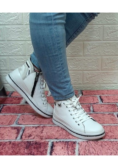 Voyager 8498 Beyaz Renk Hakiki Deri Kaymaz Taban Fermuarlı Bağaca