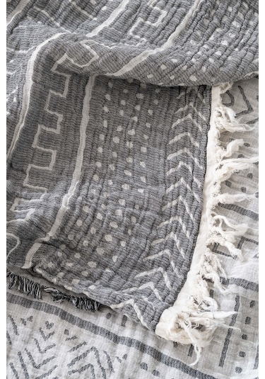 Etno Antrasit Çift Kişilik %100 Pamuklu Müslin Pike & Yatak Örtüsü Antrasit