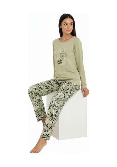 Üstü Yazılı Altı Yaprak Desenli Elite Viscose Pijama Takımı Uzun Yeşil 3559 Yeşil