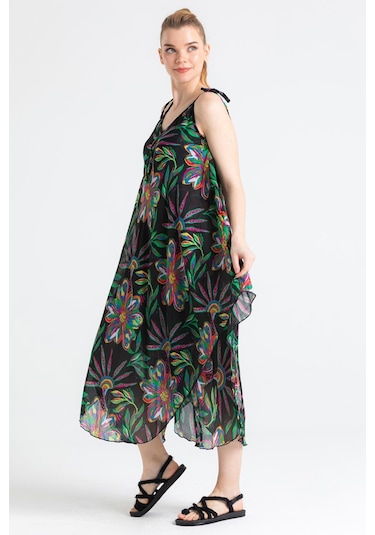 Askılı Vual Afrodit Midi Boy Elbise Etnik Siyah 6193 - Kadın Siyah