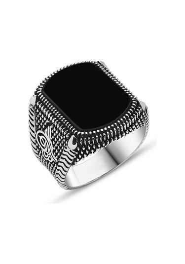 925 Ayar Gümüş Oniks Taşlı Tuğralı Erkek Yüzük - 553966439