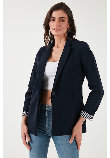 Lela Standart Fit Mono Yaka Desenli Astar Detaylı Blazer Bayan Ceket 6524003 Lacivert