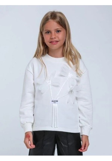 Kız Çocuk Kabartma Çiçek Desenli Sweatshirt-14320 Beyaz