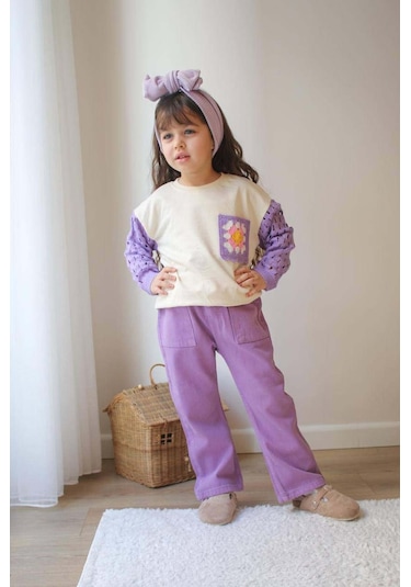 Kız Çocuk Kol Triko Modelli Punch İşlemeli Gabardin Pantolonlu 2li Takım Lila
