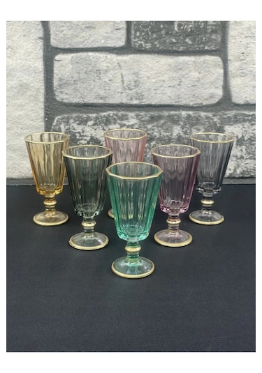 6 Lı Flüt Renkli Yaldızlı Kahve Yanı Su Bardağı Bardak