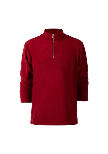Kırmızı Yarım Fermuarlı Regular Kalıp Dik Yaka Polar Sweatshirt Kırmızı