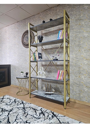 Gold Boyalı Kitaplık - 5 Raflı Suntalem Lüks Kitaplık Marmol Çok Renkli