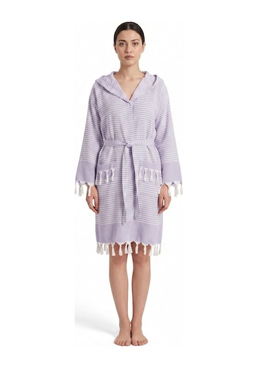 Kapşonlu Unisex Peştemal Plaj Bornozu %100 Pamuklu Seaside Stripe Lila