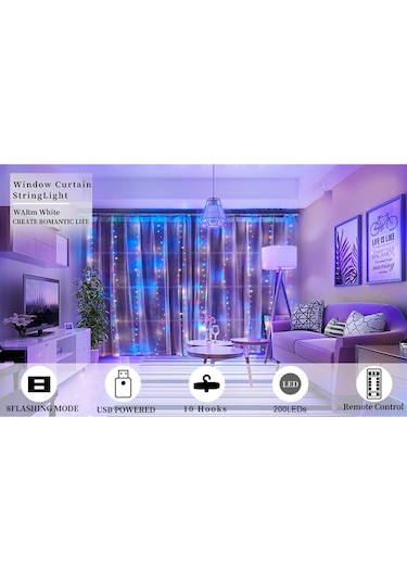 Perde Işıkları 9.8x6.5ft 200 Led Usb İle Çalışan Uzaktan Kumandalı Peri Işıkları Asılı Parıltılı Işıklar İç Mekan Dış Mekan Yatak Odası Pencere Düğün Parti Dekorasyonu İçin Çok Renkli Çok Renkli