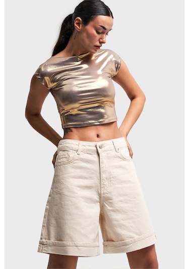 Itsbasic Kadın Raw Renk Bol Kesim Duble Paça Midi Boy Denim Şort