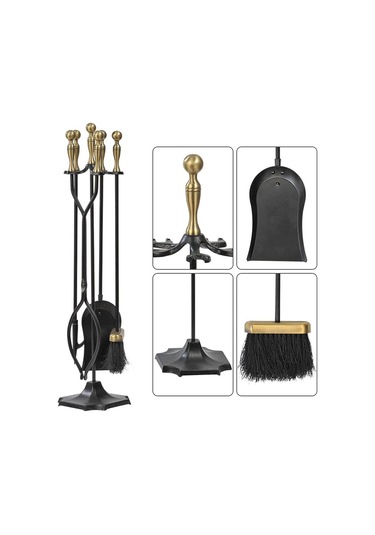 5 Li Lüx Ithal Döküm Gold Prinç Topuz Başlıklı Şömine - Soba Maşa Takımı Aksesuar Seti