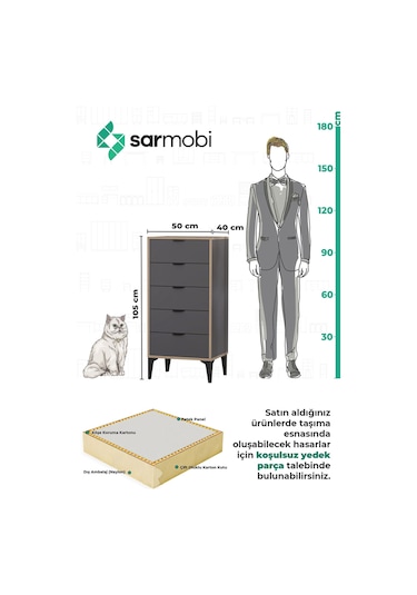 Sarmobi Arden 5 Çekmeceli Şifonyer , Çamaşırlık Siyah