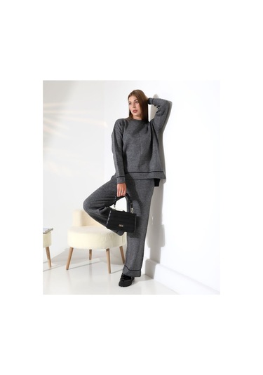 Kontrast Dikişli Kadın Triko Takım Antrasit