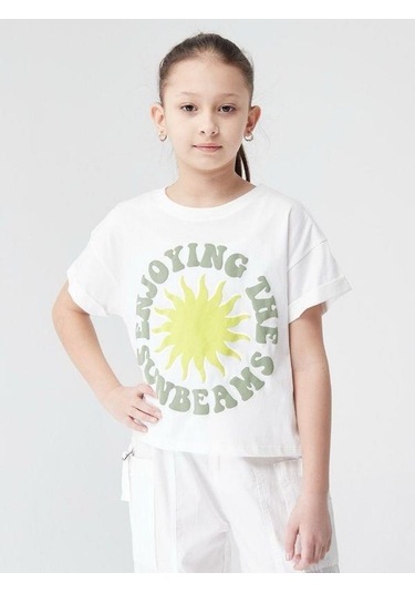 Kız Çocuk Pamuklu Güneş Kabartma Baskılı Bluz-13864-ekru Ysl Ekru - Yeşil
