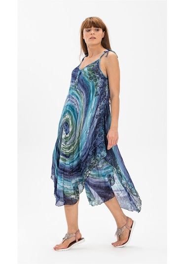 Askılı Vual Afrodit Midi Boy Elbise Lacivert 6007