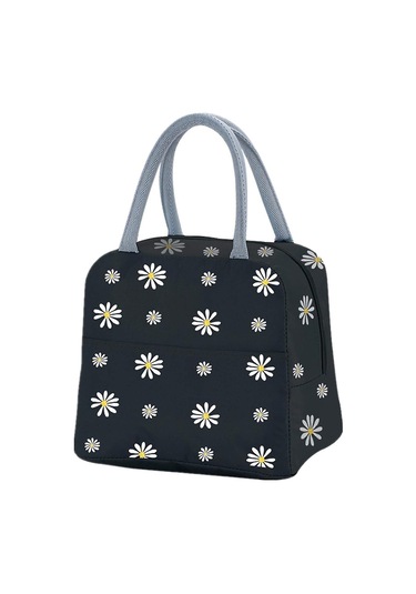 Yalıtımlı Öğle Yemeği Çantası, Papatya Desenli Taşınabilir Termal Soğutucu Çanta, Kadınlar İçin Öğle Yemeği Kutusu Düzenleyici Tote Çanta Siyah Çok Renkli