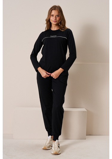 Kadın Penye Uzun Kol Pijama Takımı 3197 Siyah Siyah