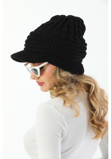 Siperli Çift Kat Siyah Triko Örme Bere Siyah