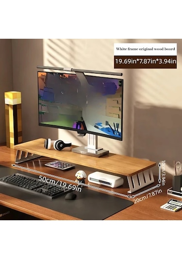 Motion003 Ergonomik Ahşap Monitör Standı Yükseltici Bej Çerçeve Kütük Tahta 50 Cm Büyük Çift Ekran Masa Rafı L Şeklinde Bacaklı