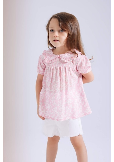 DeFacto Kız Bebek Büyük Yaka Krinkıl Viskon Çiçekli Kısa Kollu Bluz C3761A524SMPN167 Pembe