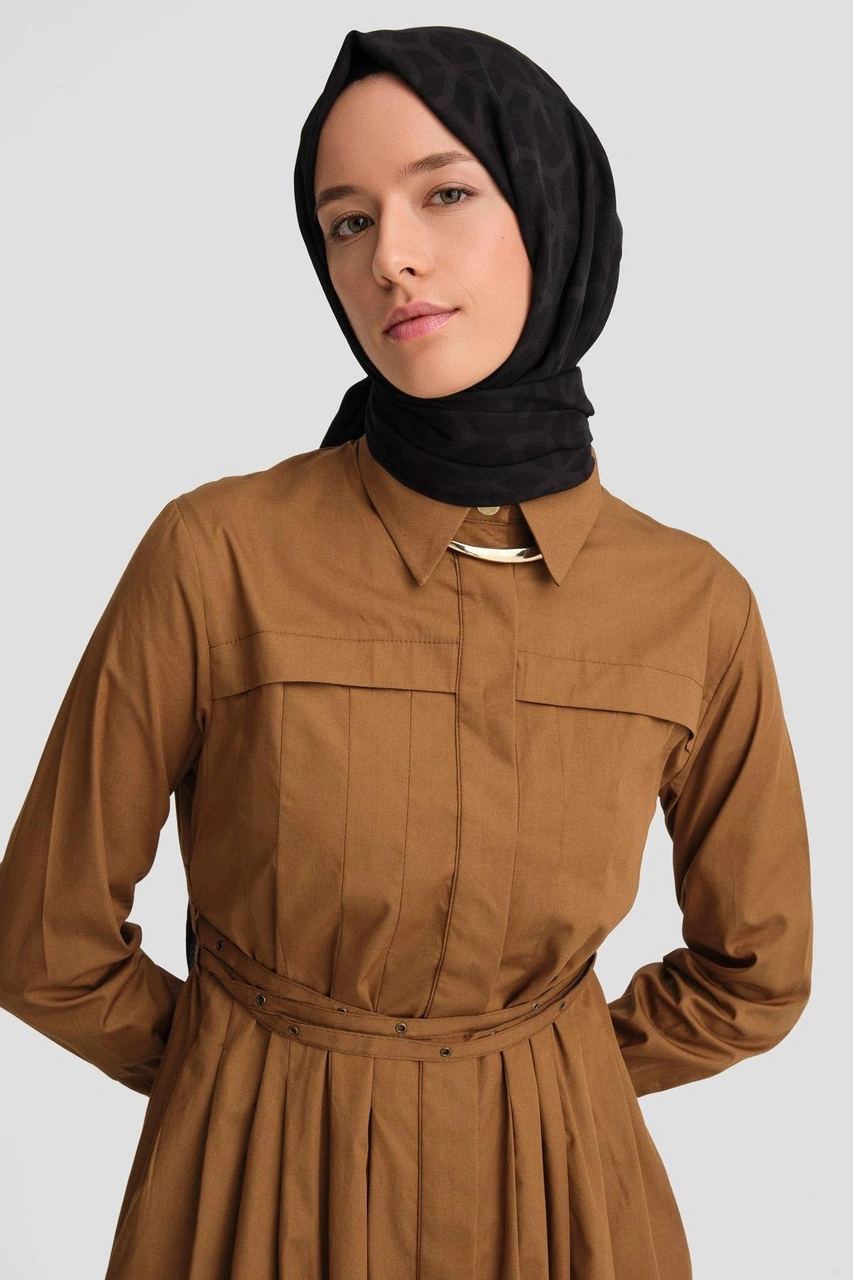 Armine Çapraz Kemerli Pamuk Elbise 24k9903 Taba Kahverengi