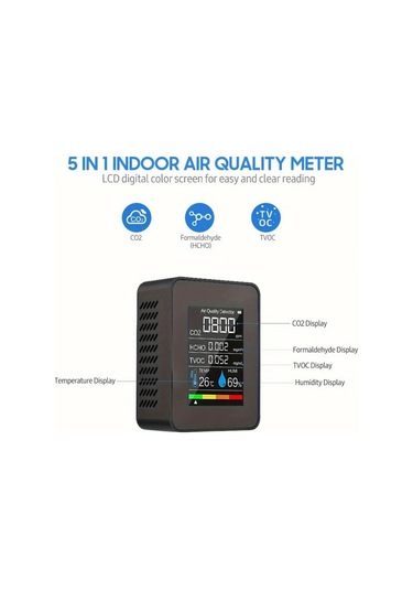 Boatshop1 5 İn 1 Hava Kalite Monitörü Pm2 5 Pm10 Hcho Tvoc Co2 Dedektörü Gerçek Zamanlı Usb Şarjlı Pil Renkli Lcd Ekran Siyah