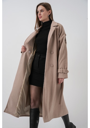 Kadın Kuşaklı Kaşe Kaban 9161 - Bej Bej