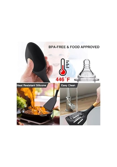 12 Parça Ahşap Saplı Siyah Silikon Mutfak Seti - Mikrodalga, Fırın, Bulaşık Makinesi Uyumlu Siyah