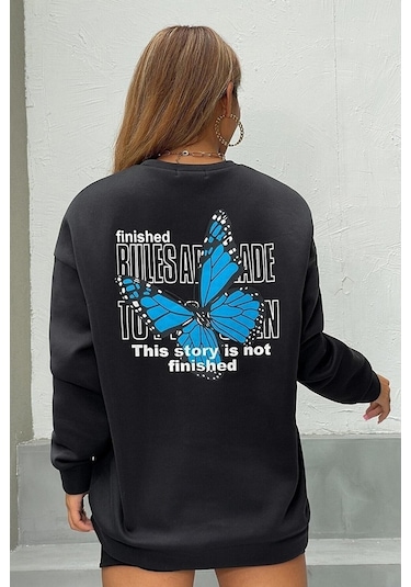Modagen Kadın Ön Arka Kelebek Baskılı Siyah Bisiklet Yaka Oversize Sweatshirt Ssiyah