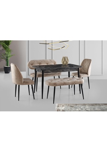 Ay Masa Ve Sandalye Bench Takımı, Krem Siyah, 120x70 Siyah