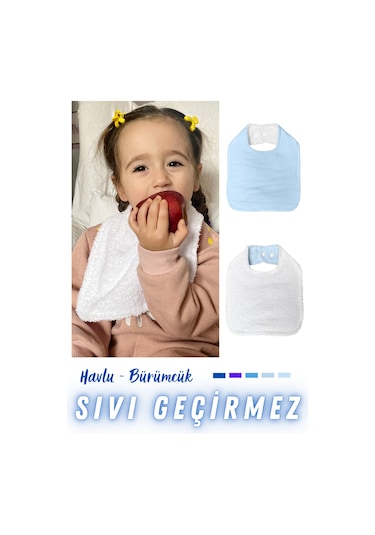 Pamuklu Sıvı Geçirmez Mama Önlüğü Bürümcük-havlu Çift Yönlü M-b Beyaz - Mavi