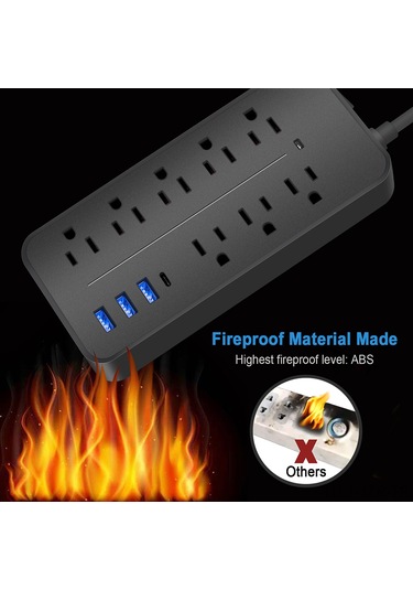 Geeroyoo 8 Yuvalı Usb Ve Type-c'li Güçlü Surge Koruyucu, Yangına Dayanıklı, 2000w/10a, 5ft Uzatma Kablosu, Duvara Monte Edilebilir