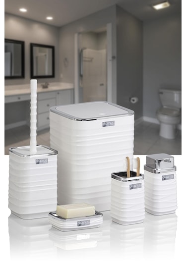 Okyanus Home Luna Beyaz Kromlu Kare 5'li Banyo Seti Beyaz