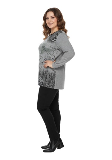 Baglan Kadın Yumoş Taşlı Baskılı Bluz Bgl-st05068 Gri