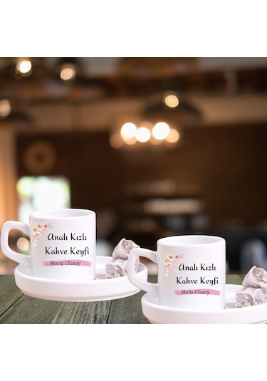 İsme Özel Anne Kız Tasarımlı Türk Kahve Fincanı Seti
