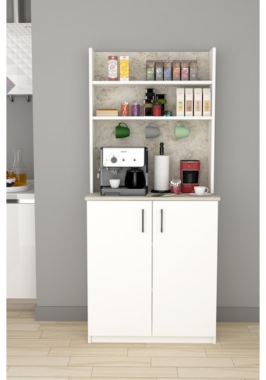 %100 Mdflam Kahve Köşesi Çok Amaçlı Mutfak Dolabı Kahve01 Beyaz - Silves Beyaz - Silves