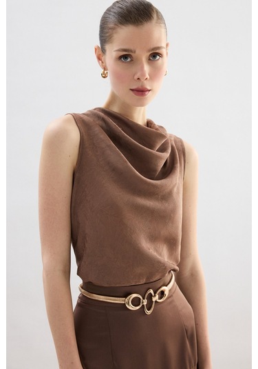 Sateen Degaje Yaka Bluz - Vizon-136756 VİZON