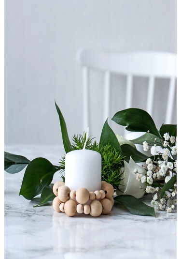 Dekoratif Ahşap Boncuklu Mumluk 2'li Set