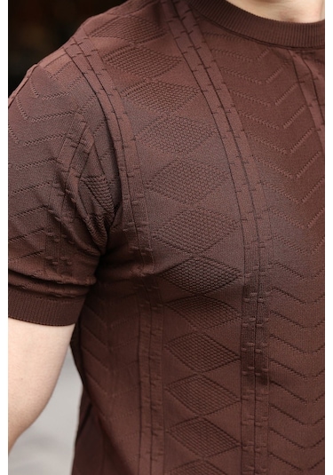 Kahverengi Bisiklet Yaka Slim Fit Triko Erkek Tişört E7466
