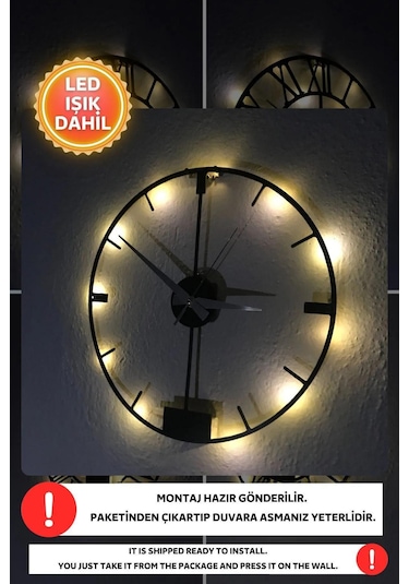 Led Işıklı Modern Duvar Saati Sessiz Dekoratif Modern Siyah Duvar Siyah