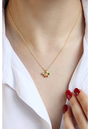 18k Altın Kaplamalı 925 Ayar Gümüş Kalpli Kelebek Kolye - 23173002 Altın