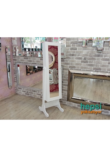 Ayna Denizi Klasik Model Beyaz Renk Ayaklı Boy Aynalı Takı Dolabı