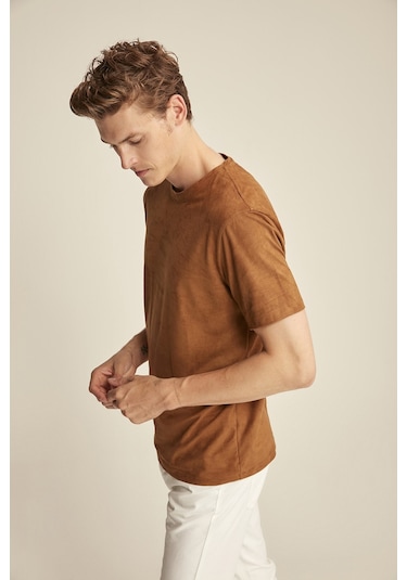 Grimelange ENZO Kahverengi Suet Erkek Basic Slim Fit T-shirt