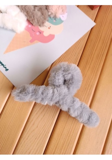 Peluş Tüylü Mandal Toka - Gri Çok Renkli