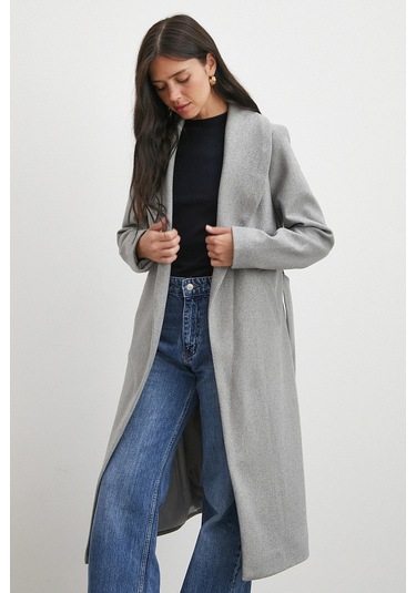 Kuşaklı Kaşe Kaban Gri Gri