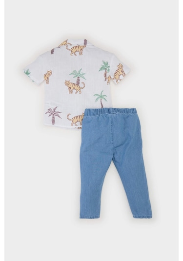 DeFacto Erkek Bebek 2'li Takım Desenli Flamlı Poplin Kısa Kollu Gömlek Beli Lastikli Jean Pantolon E7725A525SPER105 Ekru