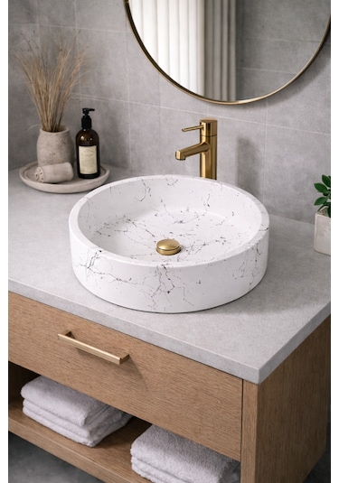 Mermer Desenli Tezgah Üstü Yuvarlak Çanak Taş Lavabo 45 Cm Beyaz